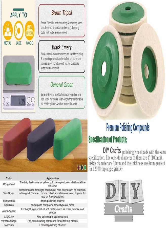 دي آي واي كرافتس مجموعة أدوات يدوية الصنع: 10 وسادات من اللباد + قرص تلميع من الصوف الأخضر من ديالوكس، طقم أقراص تلميع لجلادشة الزاوية، يتضمن مركبات تلميع وقطع لتلميع الفولاذ المقاوم للصدأ (10 وسادات من اللباد + ديالوكس). - Image 5